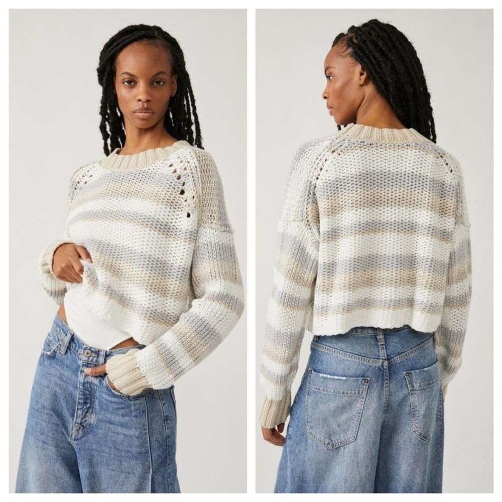 Free People Devon Sweater Striped Open Knit Gravity Combo Tan Gray Medium